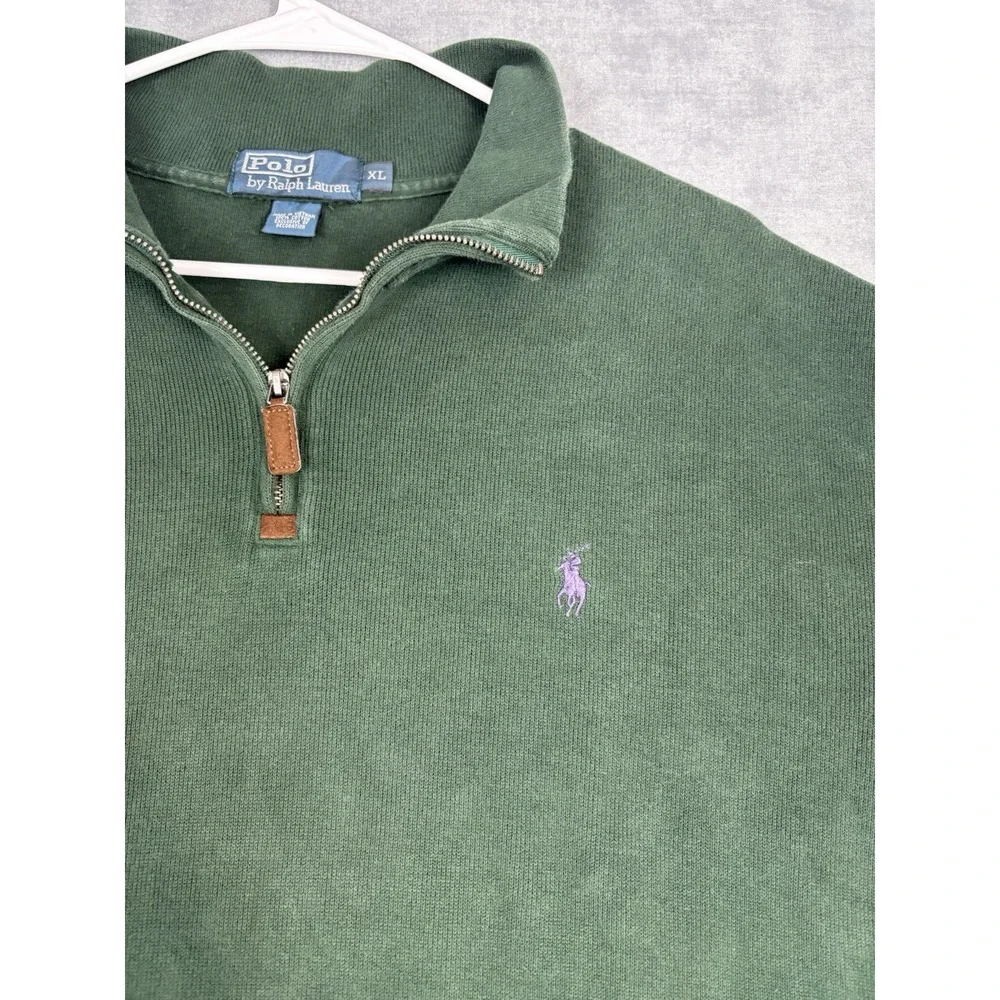 Polo Ralph Lauren Quarter Zip Sweater Men's XL Green 100% Cotton Purple Pony